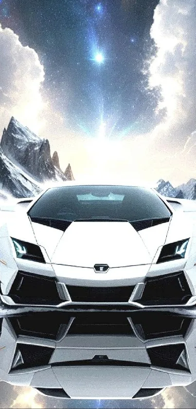 Sleek white sports car reflected in snowy mountain landscape.