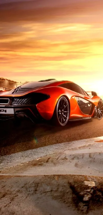 Orange sports car races under a vibrant sunset sky.