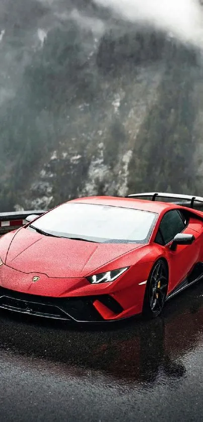 Red sports car on mountain road in the rain.