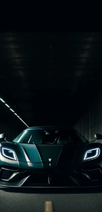 Sleek sports car speeding through a dimly lit urban tunnel.