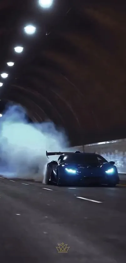 Sports car racing through a tunnel at night with smoke trailing behind.