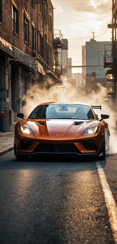 Orange sports car in smoky urban alley at dawn.