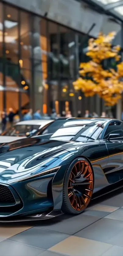 Sleek sports car with urban fall backdrop.