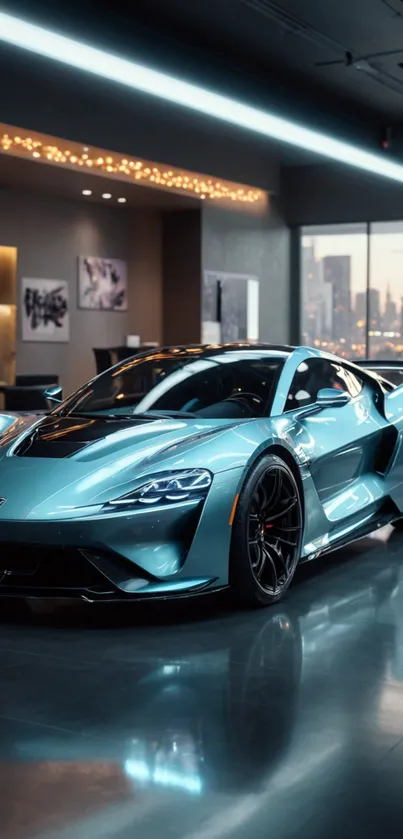 Sleek blue sports car in urban showroom.