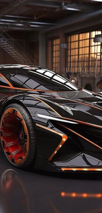 Sleek sports car with orange accents in a modern garage setting.