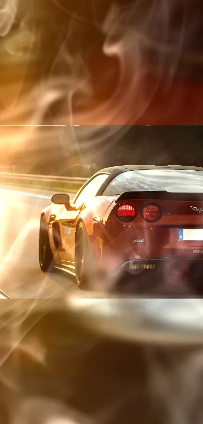 Dynamic sports car driving at sunset with smoke effects.