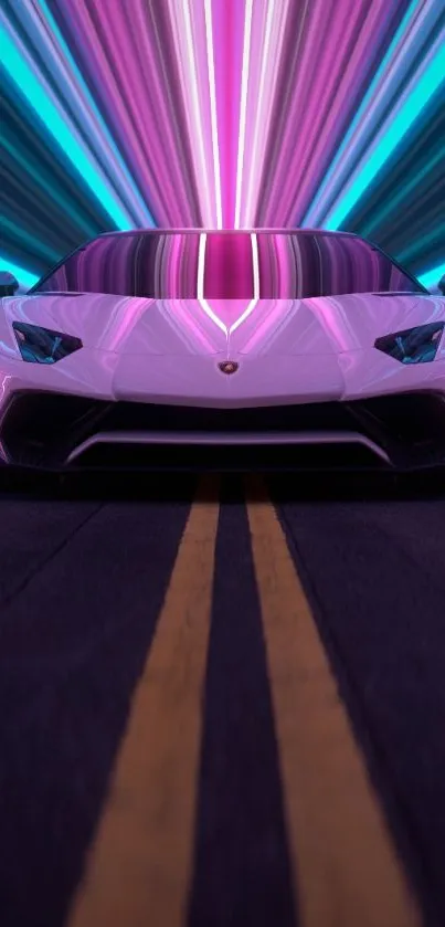 Sports car in neon light tunnel, pink and blue glow.