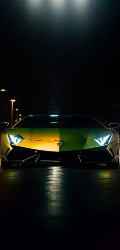 Sleek sports car driving at night with streetlights.