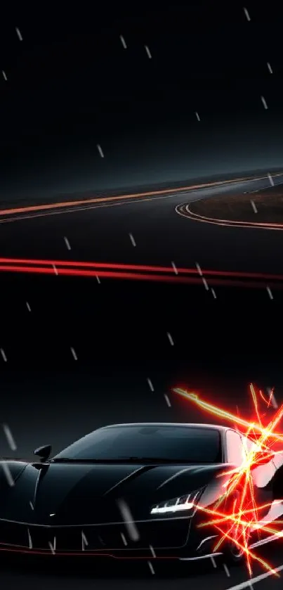 Sleek black sports car racing at night with glowing light trails.