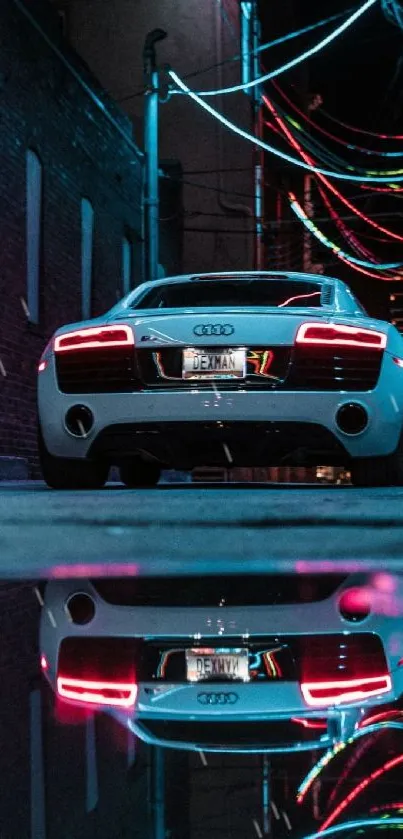 Sleek sports car in neon-lit urban street at night.