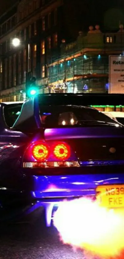 Sports car with flames at night in city.