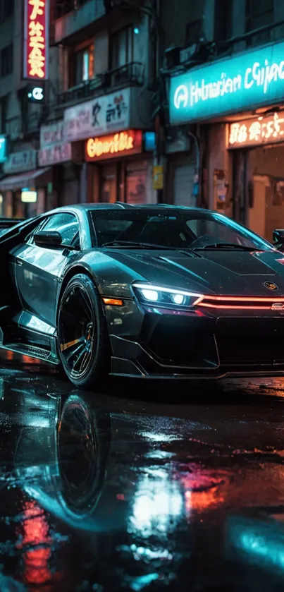 Sleek sports car in a vibrant city at night with reflections on wet street.