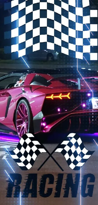 Sleek pink sports car with checkered flags at night in vibrant city street.