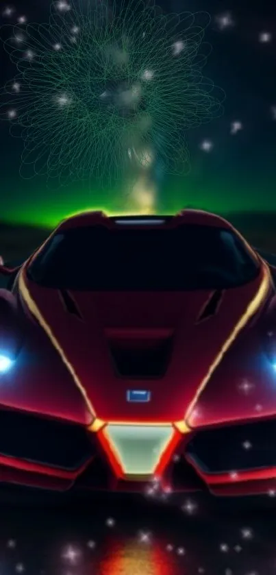 Dark red sports car with dynamic night lights.