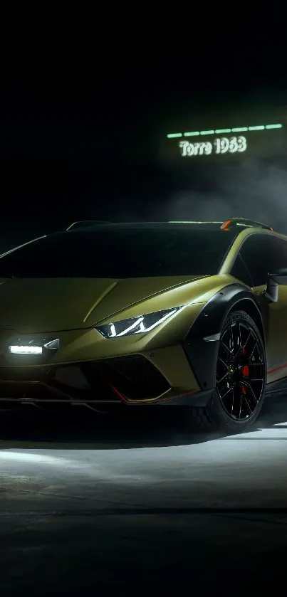 Sleek sports car with glowing headlights in the night mist.