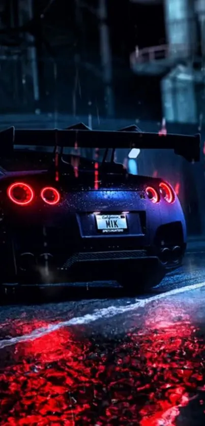 Night view of sleek sports car with red taillights reflecting on wet street.