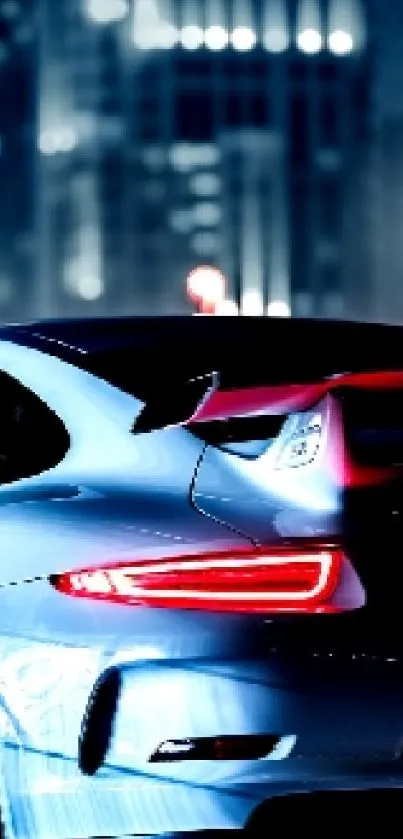 Sleek sports car with glowing lights in an urban night setting.