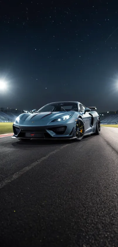 Sleek sports car on a night racetrack under bright lights.