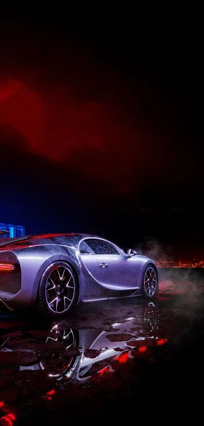 Sleek sports car with vivid reflections under a dramatic night sky.