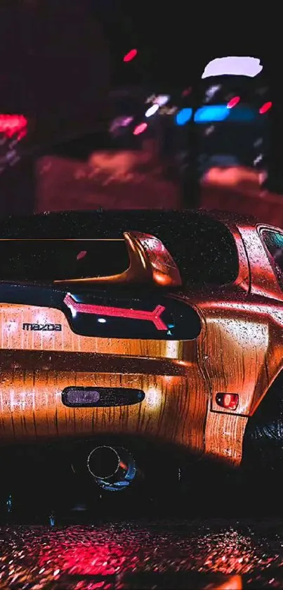 Sleek sports car under neon lights at night in an urban setting.