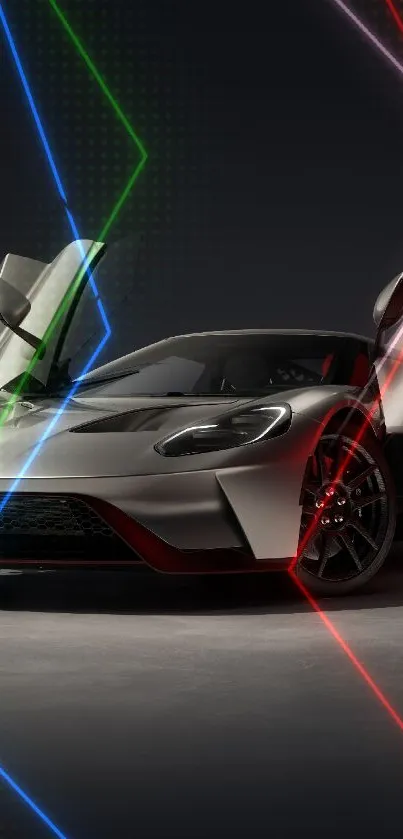 Sleek sports car with gullwing doors on display in a dark setting.
