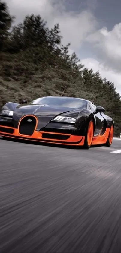 High-speed sports car driving on a scenic highway.