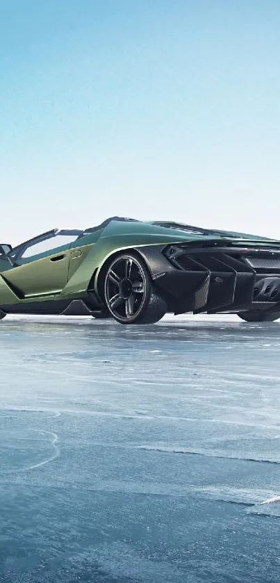 Green sports car on ice with blue sky.