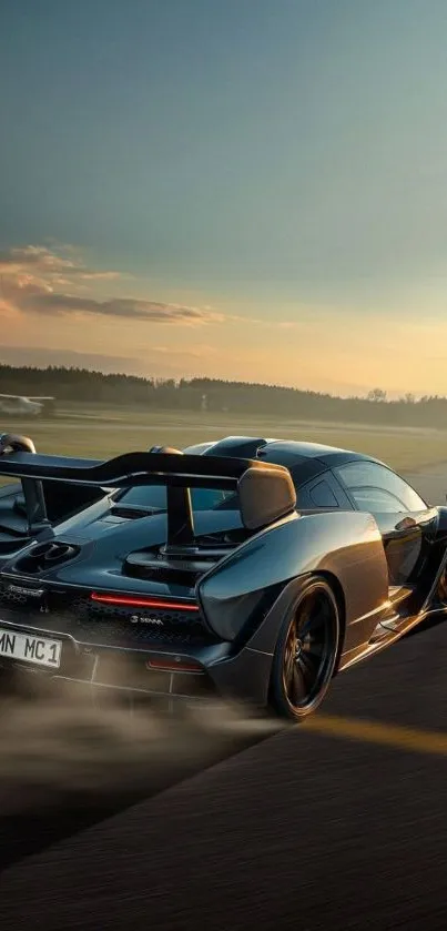 Sleek sports car speeding down road at sunset.