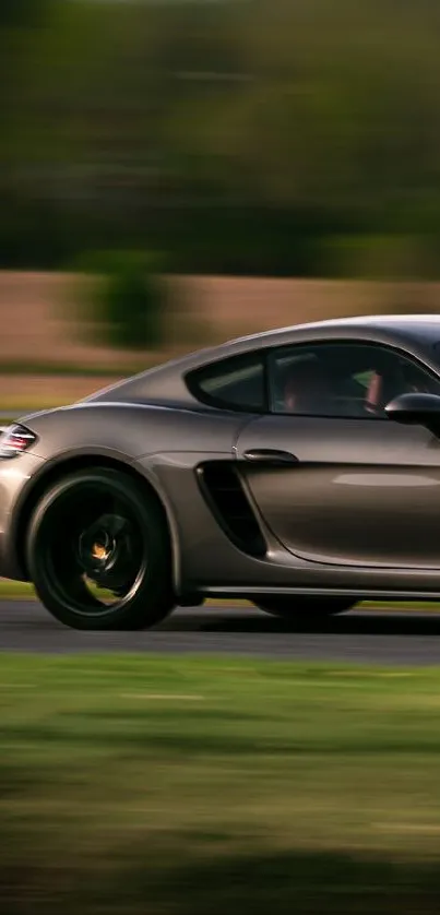 Sleek sports car speeding on a picturesque road in vibrant detail.