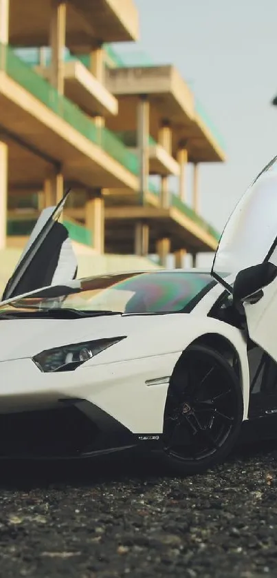 White sports car with doors open on urban road.