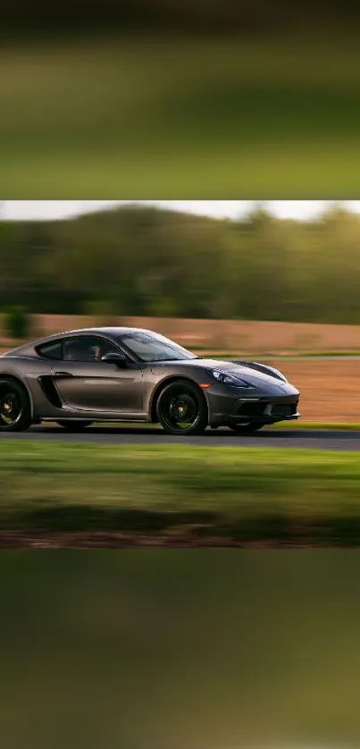 Sleek sports car driving in the countryside.