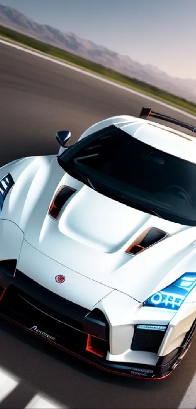 Sleek white sports car racing on track with dynamic design.