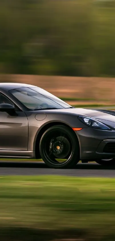 Sleek sports car speeding on a winding track surrounded by nature.