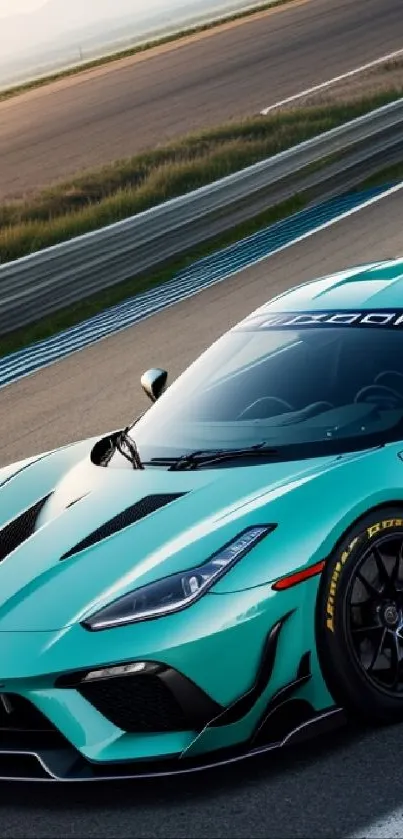 Teal sports car racing on a track at sunset, showcasing sleek design.