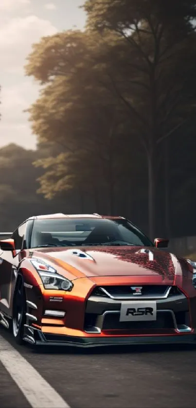 Red sports car on a scenic road with trees in the background.