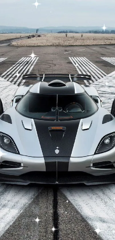 Sleek sports car on a runway with open doors and dramatic design.