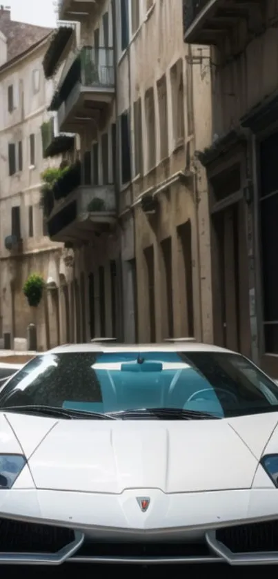 White sports car in historic city street setting.