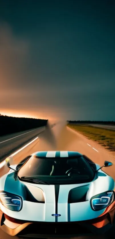 Sleek sports car on an open road at sunset, showcasing dynamic design and speed.