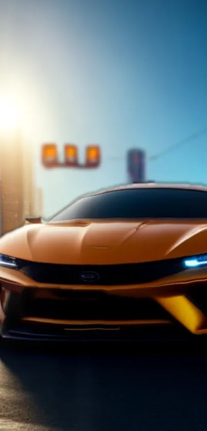 Sleek sports car at sunset in an urban setting, radiating elegance and speed.