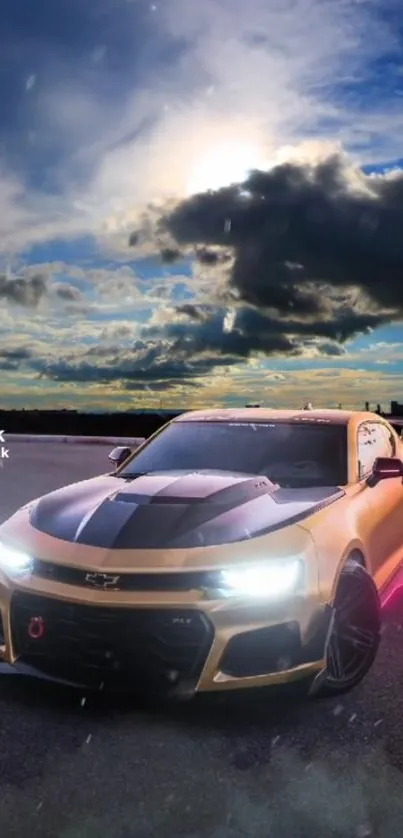 Sleek sports car under a dramatic sunset sky on road.