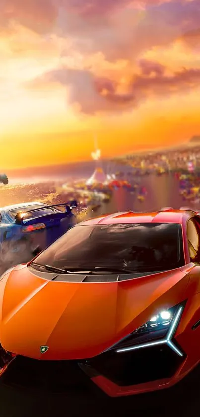 Sleek sports car racing under a vibrant orange sunset.