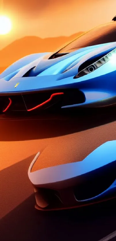 Sleek sports car against a vibrant sunset in a dynamic mobile wallpaper.