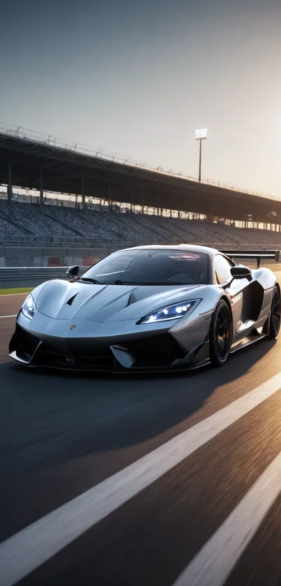 Sleek sports car on racetrack at sunrise, showcasing speed and elegance.