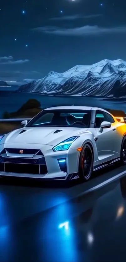 White sports car on mountain road under stars.