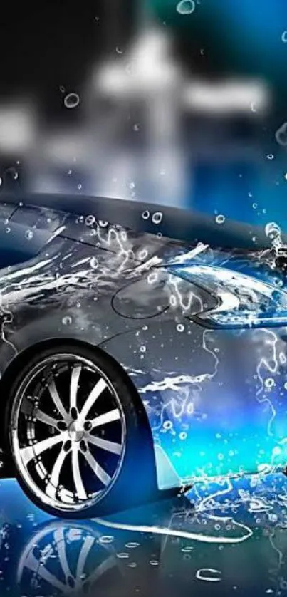 Sleek sports car with neon blue and water splash effect.