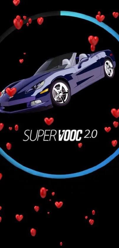 Illustrated sports car with hearts on a black background.