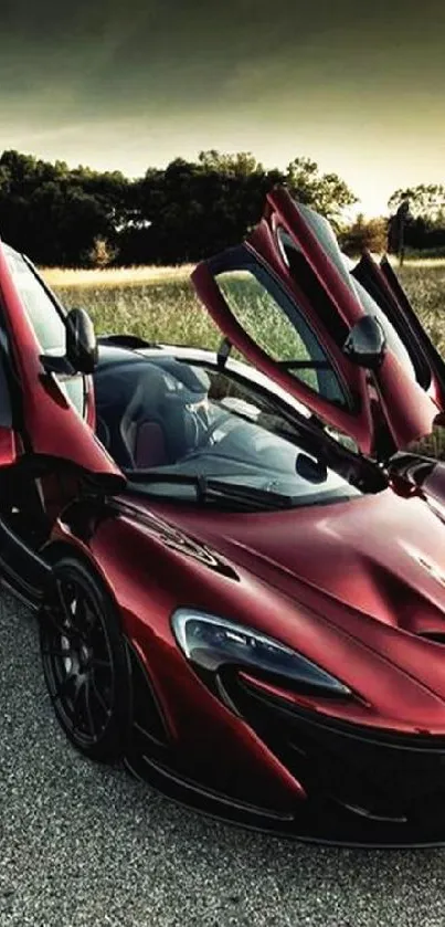 Crimson sports car with butterfly doors on open road.