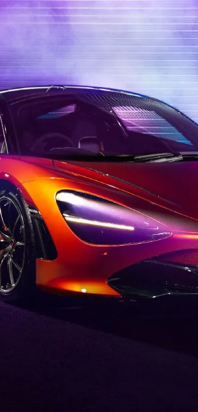 Sleek orange sports car with purple glow, perfect for mobile wallpaper.