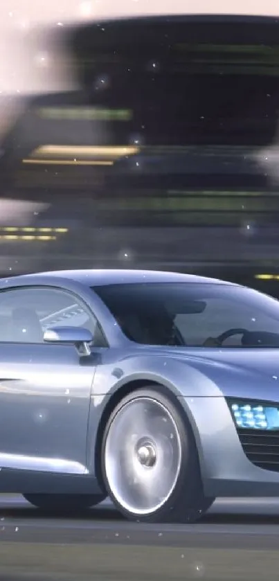 Sleek silver sports car in motion on a dynamic road.