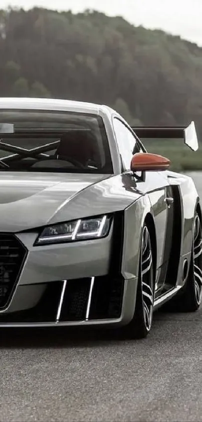 Sleek gray sports car on open road.